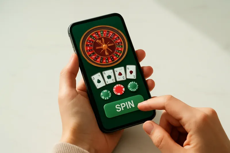 Close-up of hands holding smartphone with casino app on screen