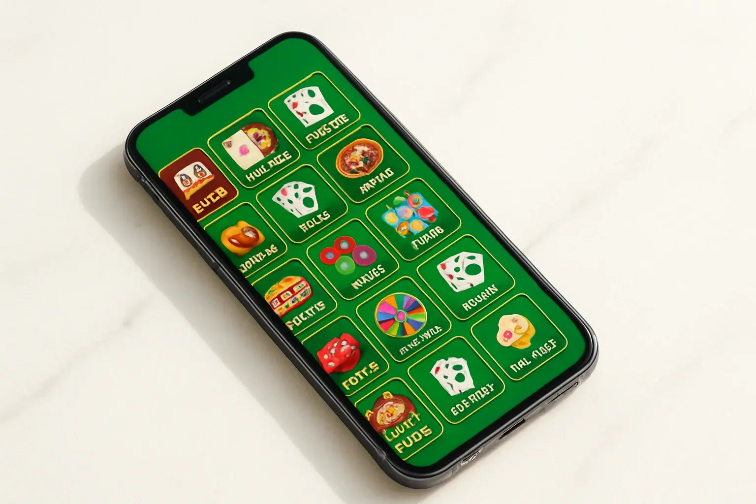 Smartphone on white marble showing bright casino game selection grid