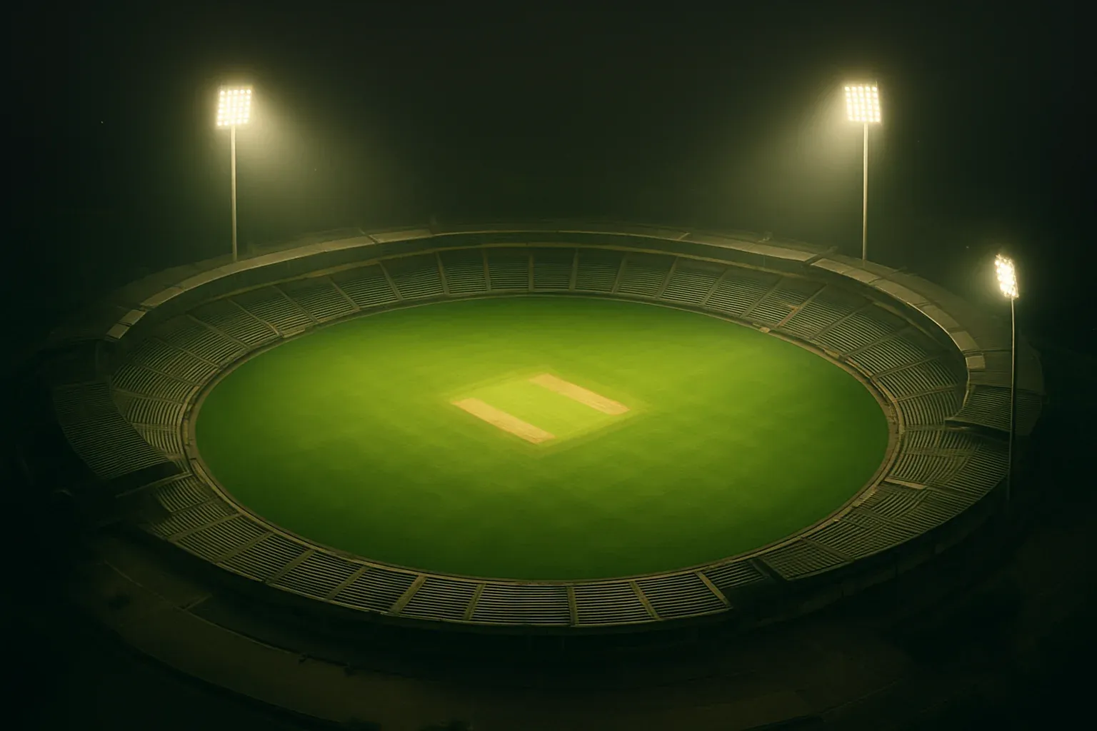 Aerial view of cricket stadium at night with bright floodlights