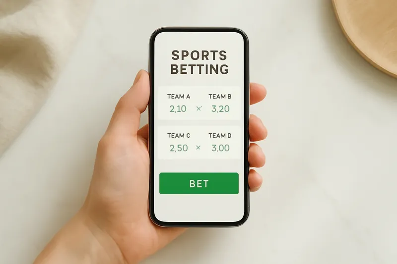 Hand holding smartphone showing sports betting odds on white marble surface