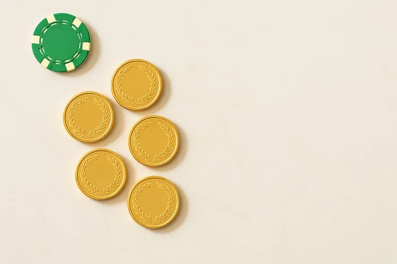 Five gold coins on cream marble with poker chip edge