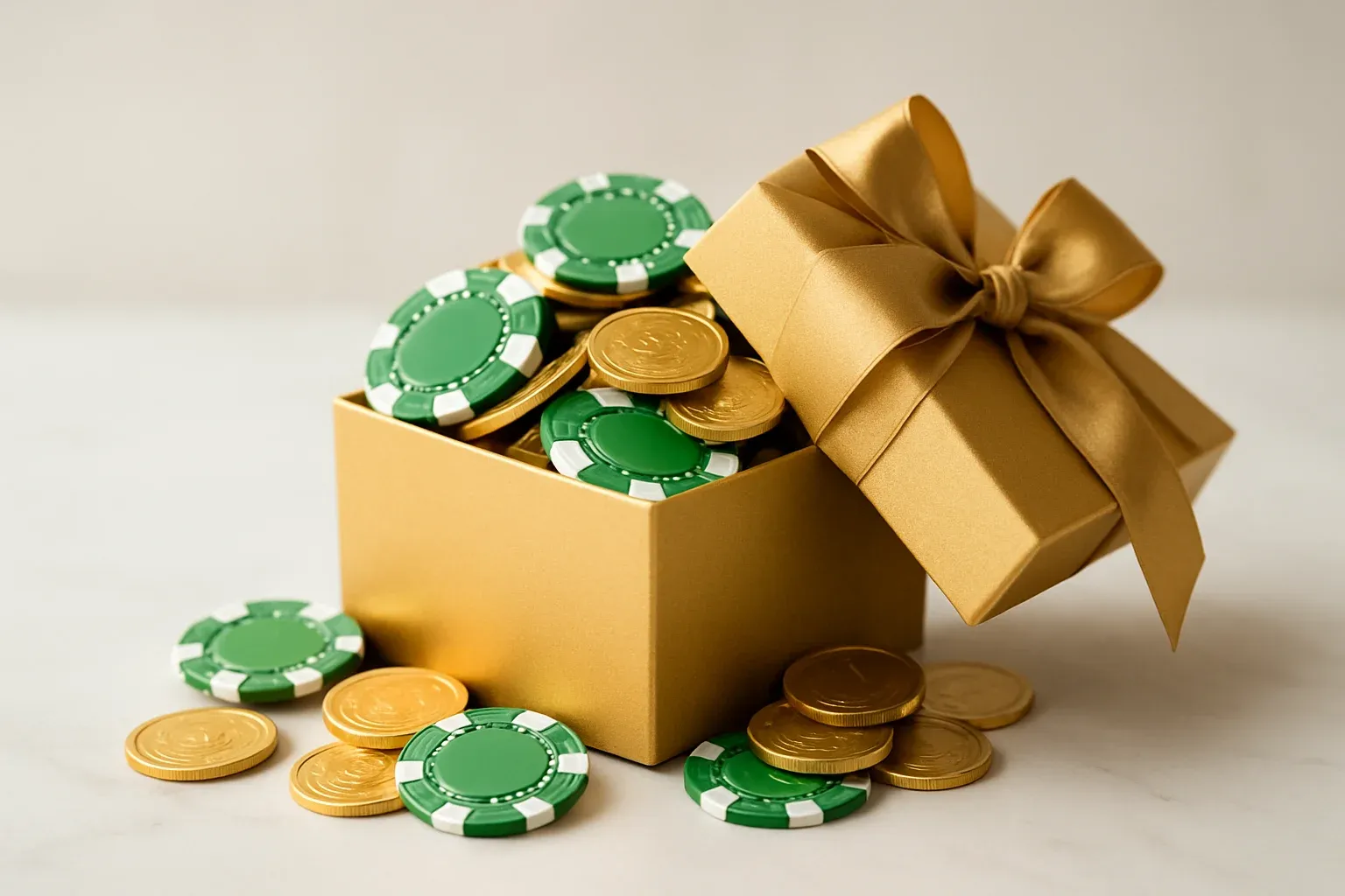 Golden gift box overflowing with poker chips and gold coins