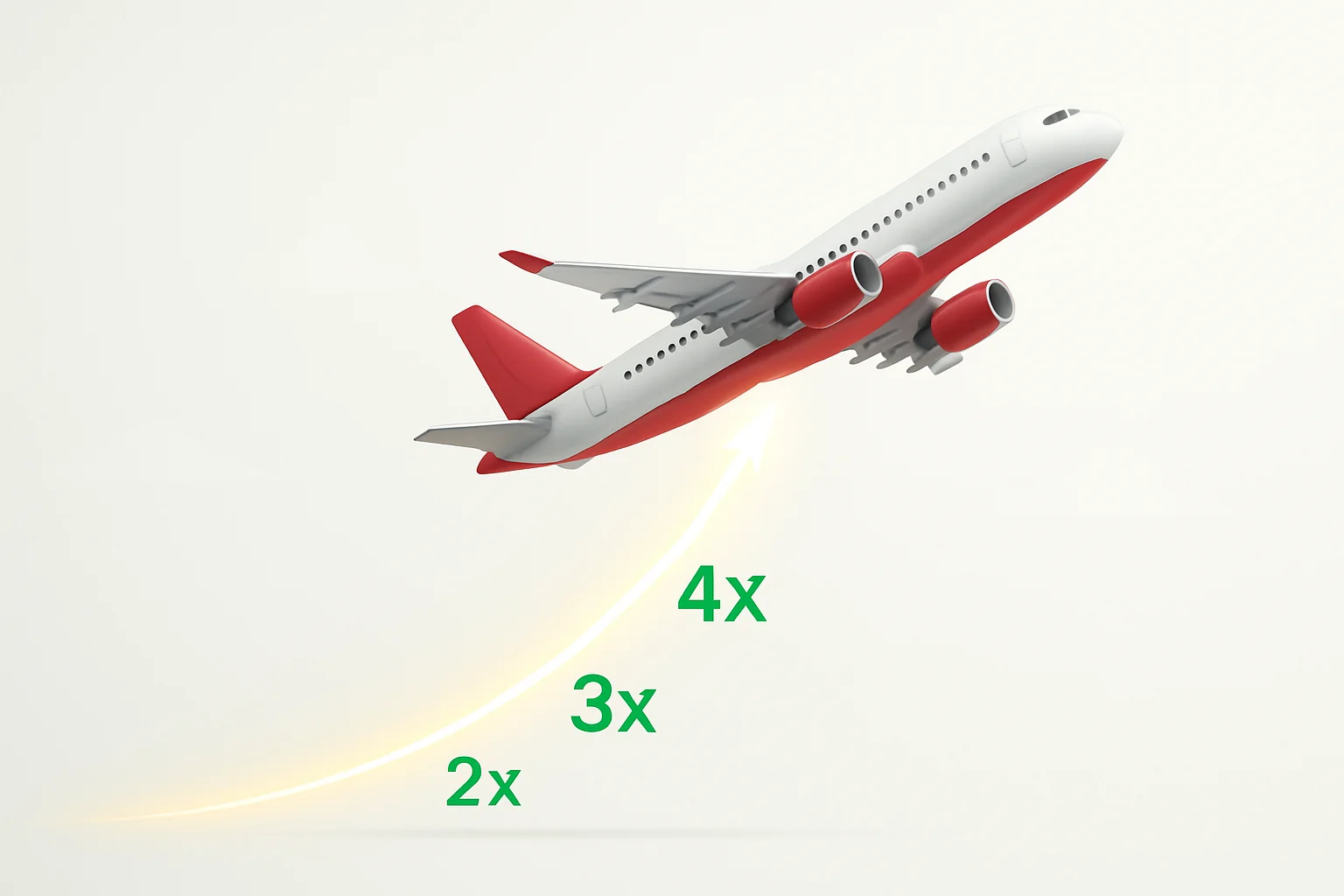 Ascending plane with glowing multiplier curve on white background