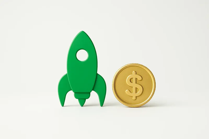 Minimalist rocket icon with gold coin on white background