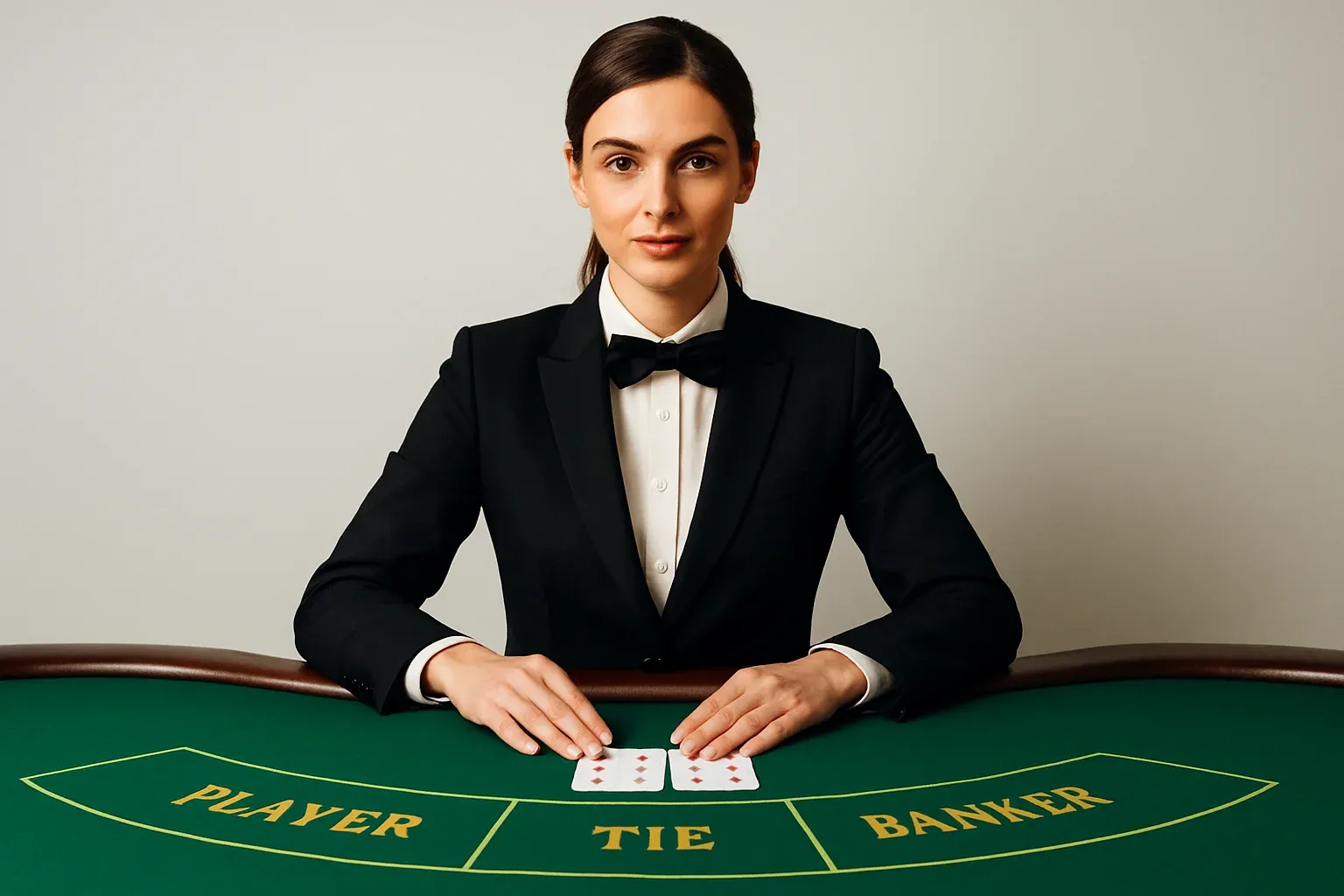 Professional female dealer at elegant live baccarat table in casino